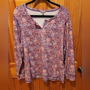 T by Talbots long sleeve, split v-neck top.‎  Red/blue. Size 3X